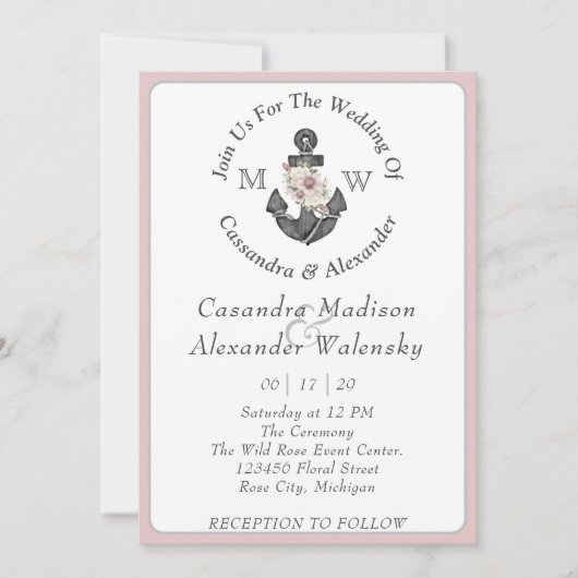 Floral Anchor Nautical Wedding Dusty Rose Streifen Einladung (Vorderseite)