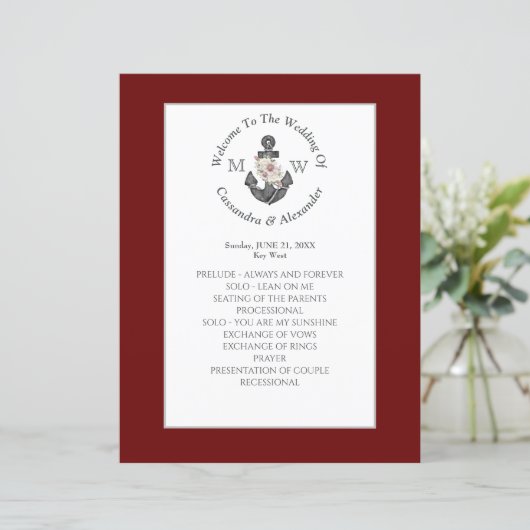Floral Anchor Nautical Wedding Maroon Red Program (Stehend Vorderseite)