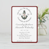 Floral Anchor Nautical Wedding Maroon Red Stripe Einladung (Stehend Vorderseite)