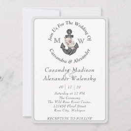 Floral Anchor Nautical Wedding Silver Gray Stripe Einladung
