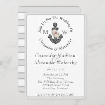 Floral Anchor Nautical Wedding Silver Gray Stripe