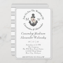 Floral Anchor Nautical Wedding Silver Gray Stripe Einladung