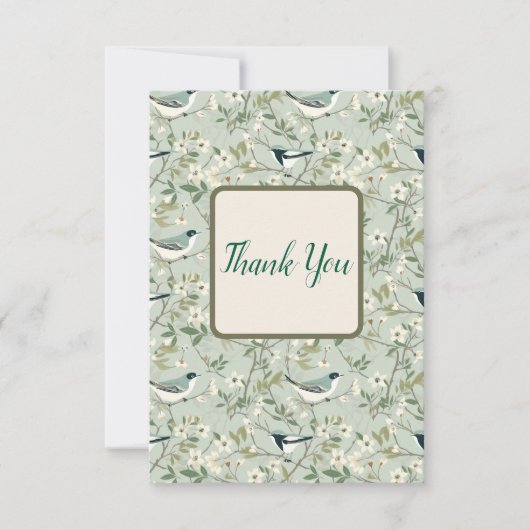 Floral and Bird Thank You Card in Sage Green Dankeskarte (Vorderseite)