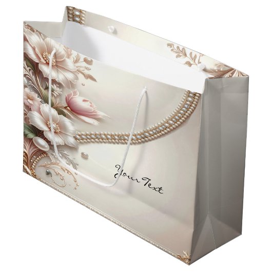 Floral and Pearl Embellishments Gift Bag Große Geschenktüte (Vorderseite Schrägansicht)