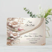 Floral and Pearl Embellishments Save The Date (Stehend Vorderseite)