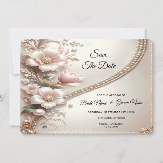 Floral and Pearl Embellishments Save The Date (Vorderseite)