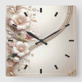 Floral and Pearl Embellishments Wall Clock Quadratische Wanduhr