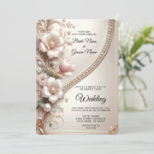 Floral and Pearl Embellishments Wedding Invitation Einladung (Stehend Vorderseite)