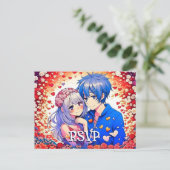 Floral Anime Couple Unique Wedding RSVP Postkarte (Stehend Vorderseite)