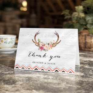 Floral Antler Rustic White Wood Boho Vielen Dank Dankeskarte