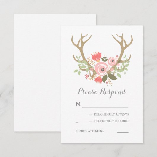 Floral Antlers Boho Wedding RSVP Karte (Vorne/Hinten)