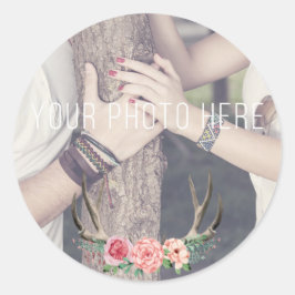 Floral Antlers Rustic Wedding Keepake Foto Runder Aufkleber