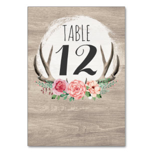 Floral Antlers Rustic Wood Custom Wedding Tischnummer