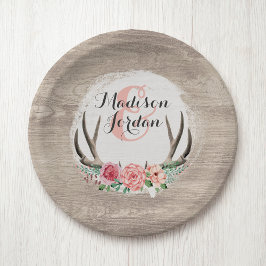Floral Antlers Rustic Wood Wedding Personalisiert Pappteller
