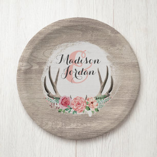 Floral Antlers Rustic Wood Wedding Personalisiert Pappteller