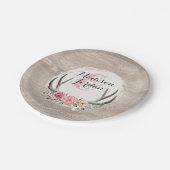 Floral Antlers Rustic Wood Wedding Personalisiert Pappteller (Schrägansicht)