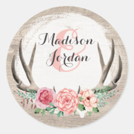 Floral Antlers Rustic Wood Wedding Personalisiert Runder Aufkleber