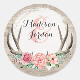 Floral Antlers Rustic Wood Wedding Personalisiert Runder Aufkleber