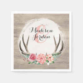 Floral Antlers Rustic Wood Wedding Personalisiert Serviette