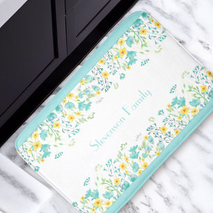 Floral Aqua Blau Gelbe Wildblumen Familienname Badematte