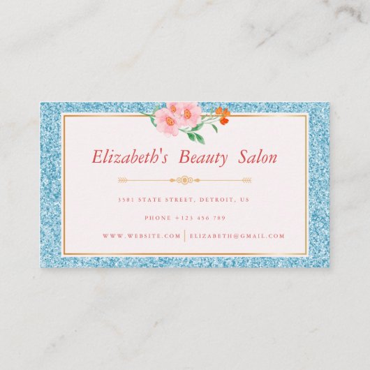 Floral Aqua Blue Glitzer Makeup Artist Beauty Visitenkarte (Rückseite)