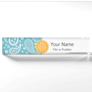 Floral Aqua Blue Paisley Muster & Yellow Monogram Namensplakette