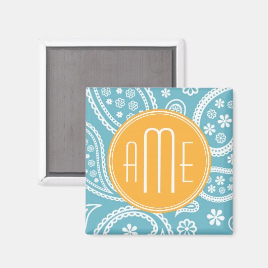 Floral Aqua Blue Paisley Pattern & Yellow Monogram Magnet (Vorderseite/Rückseite)