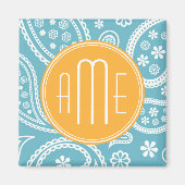 Floral Aqua Blue Paisley Pattern & Yellow Monogram Magnet (Vorne)