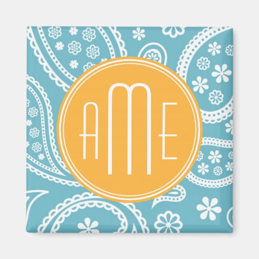 Floral Aqua Blue Paisley Pattern & Yellow Monogram Magnet (Vorne)