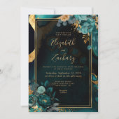 Floral Aquamarin Agate Gold Rahmen Wedding Einladung (Vorderseite)