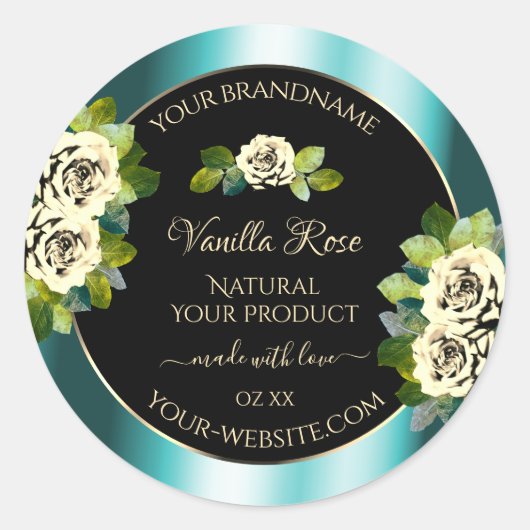 Floral Aquamarin Black Gold Produktkennzeichnungen Runder Aufkleber (Vorderseite)