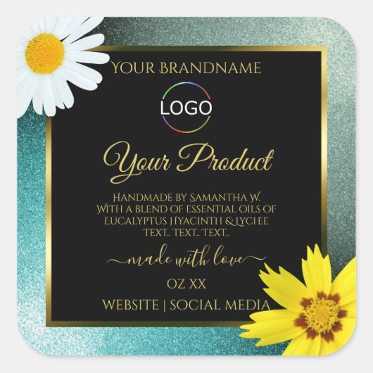 Floral Aquamarin Blue Glitzer Black Product Labels Quadratischer Aufkleber (Vorderseite)