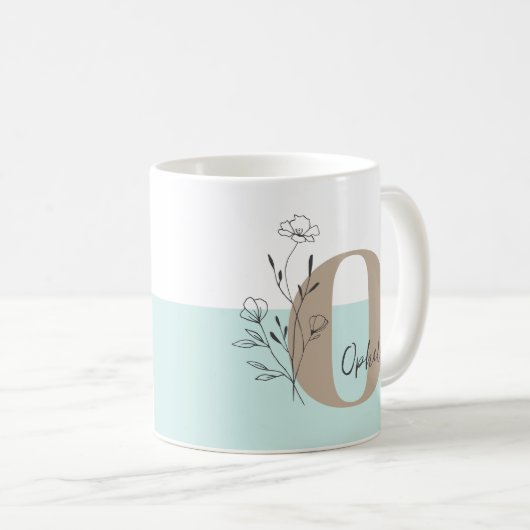 Floral Aquamarin Bold Monogramm Name Kaffeetasse (VorderseiteRechts)