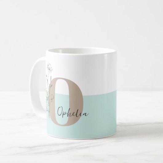 Floral Aquamarin Bold Monogramm Name Kaffeetasse (Vorderseite Links)