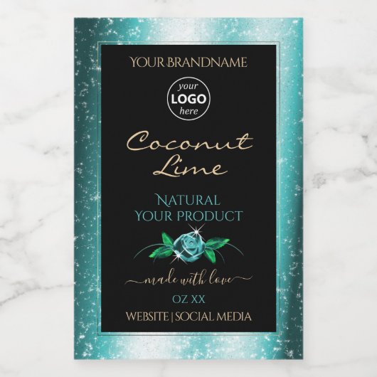 Floral Aquamarine schwarze Produktkennzeichnungen  Lebensmitteletikett (Einzelnes Label)