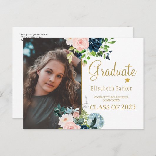 Floral Aquarell Elegantes Foto Abschluss Ankündigungspostkarte (Vorne/Hinten)