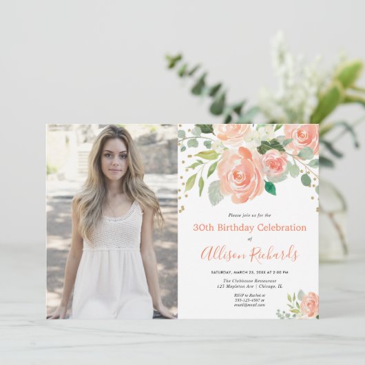 Floral Aquarell Erwachsenengeburtstag Foto Einladung (Stehend Vorderseite)