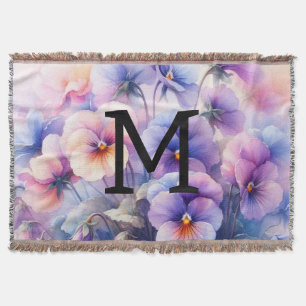 Floral Aquarell Monogramm lila Stiefmütterchen Decke