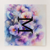 Floral Aquarell Monogramm lila Stiefmütterchen Puzzle (Horizontal)
