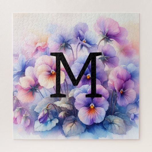 Floral Aquarell Monogramm lila Stiefmütterchen Puzzle (Vertikal)