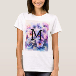 Floral Aquarell Monogramm lila Stiefmütterchen T-Shirt