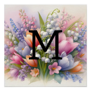 Floral Aquarell Monogramm Pink lila Tulpen Poster