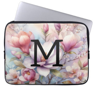 Floral Aquarell Monogramm Rosa Magnolien Blume Laptopschutzhülle