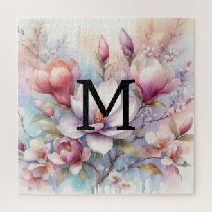 Floral Aquarell Monogramm Rosa Magnolien Blume Puzzle