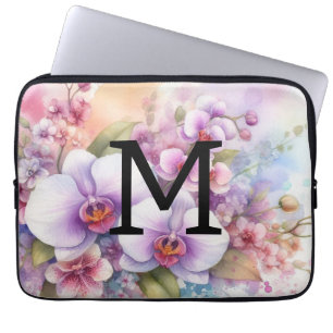 Floral Aquarell Monogramm Rosa-Orchideen-Blume Laptopschutzhülle
