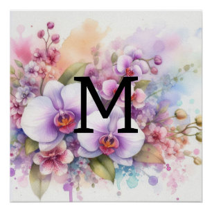 Floral Aquarell Monogramm Rosa-Orchideen-Blume Poster