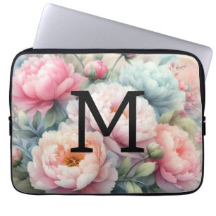 Floral Aquarellfarben Monogramm Rosa Blaue Laptopschutzhülle