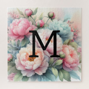 Floral Aquarellfarben Monogramm Rosa Blaue Puzzle