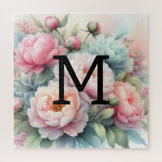 Floral Aquarellfarben Monogramm Rosa Blaue Puzzle