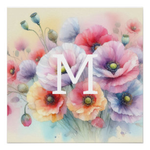 Floral Aquarellfarben Monogramm rosa Mohnblütenblü Poster